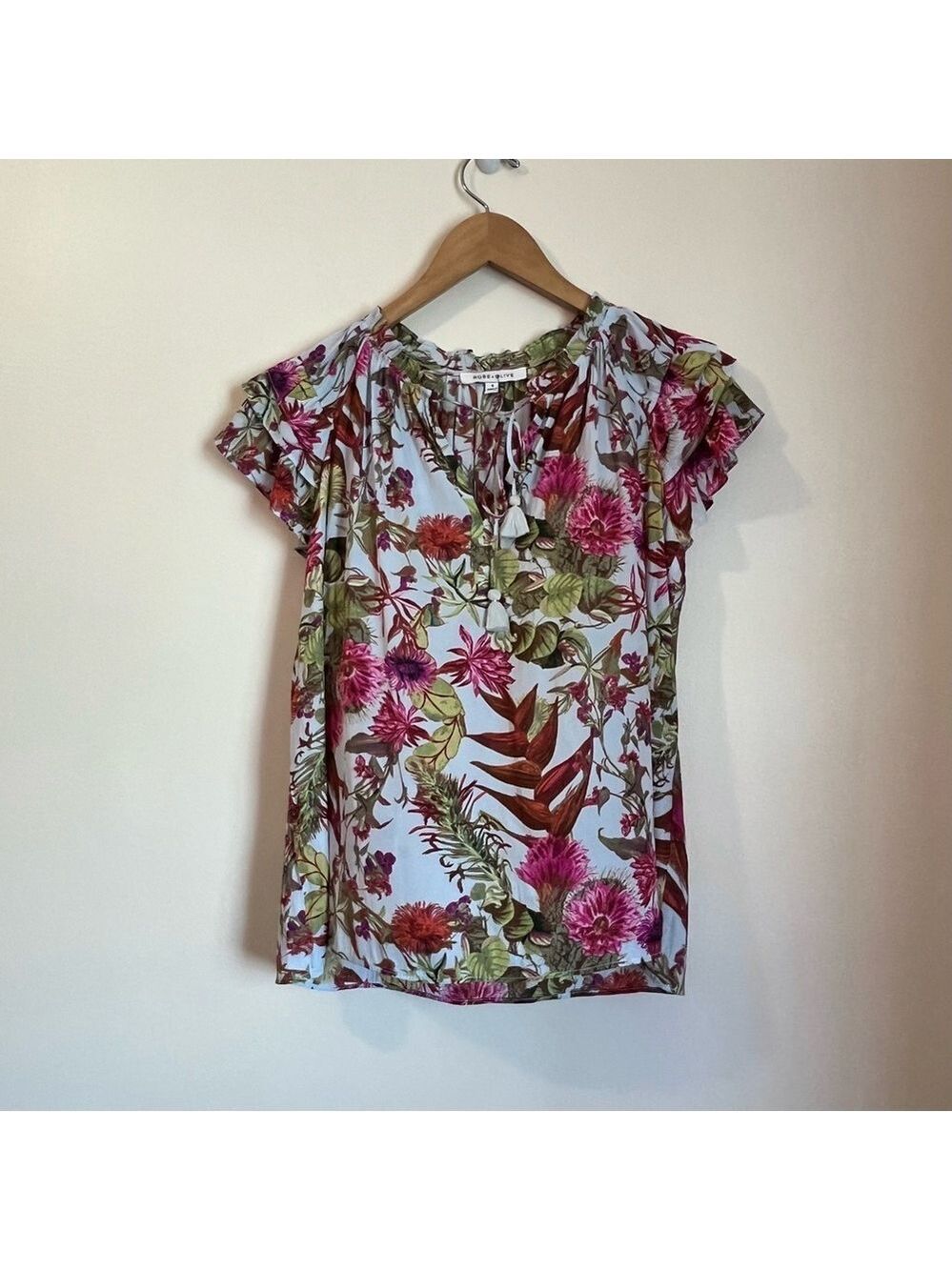 Rose + Olive Tropical Floral Tassel Tie Blouse Size S Boho Peasant Blouse Pink